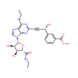 CCNC(=O)[C@H]1O[C@@H](n2cnc3c(NCC)nc(C#C[C@H](O)c4cccc(C(=O)OC)c4)nc32)[C@H](O)[C@@H]1O ZINC000034800714