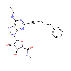 CCNC(=O)[C@H]1O[C@@H](n2cnc3c(NCC)nc(C#CCCCc4ccccc4)nc32)[C@H](O)[C@@H]1O ZINC000034800751