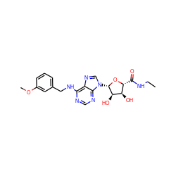 CCNC(=O)[C@H]1O[C@@H](n2cnc3c(NCc4cccc(OC)c4)ncnc32)[C@H](O)[C@@H]1O ZINC000012405582