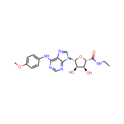 CCNC(=O)[C@H]1O[C@@H](n2cnc3c(Nc4ccc(OC)cc4)ncnc32)[C@H](O)[C@@H]1O ZINC000048998055