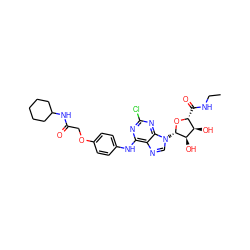 CCNC(=O)[C@H]1O[C@@H](n2cnc3c(Nc4ccc(OCC(=O)NC5CCCCC5)cc4)nc(Cl)nc32)[C@H](O)[C@@H]1O ZINC000028647863