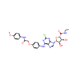 CCNC(=O)[C@H]1O[C@@H](n2cnc3c(Nc4ccc(OCC(=O)Nc5ccc(OC)cc5)cc4)nc(Cl)nc32)[C@H](O)[C@@H]1O ZINC000028647837