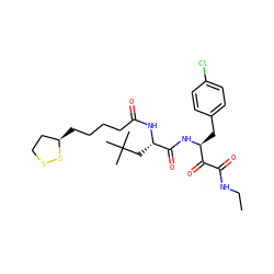 CCNC(=O)C(=O)[C@H](Cc1ccc(Cl)cc1)NC(=O)[C@H](CC(C)(C)C)NC(=O)CCCC[C@@H]1CCSS1 ZINC000028529081