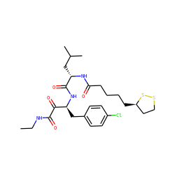 CCNC(=O)C(=O)[C@H](Cc1ccc(Cl)cc1)NC(=O)[C@H](CC(C)C)NC(=O)CCCC[C@@H]1CCSS1 ZINC000028529247