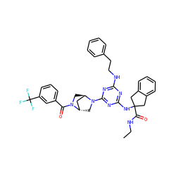 CCNC(=O)C1(Nc2nc(NCCc3ccccc3)nc(N3C[C@H]4C[C@H]3CN4C(=O)c3cccc(C(F)(F)F)c3)n2)Cc2ccccc2C1 ZINC000261117819