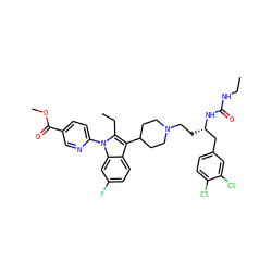 CCNC(=O)N[C@@H](CCN1CCC(c2c(CC)n(-c3ccc(C(=O)OC)cn3)c3cc(F)ccc23)CC1)Cc1ccc(Cl)c(Cl)c1 ZINC000299834361