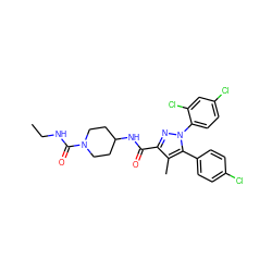 CCNC(=O)N1CCC(NC(=O)c2nn(-c3ccc(Cl)cc3Cl)c(-c3ccc(Cl)cc3)c2C)CC1 ZINC000084669989