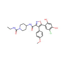 CCNC(=O)N1CCC(NC(=O)c2noc(-c3cc(Cl)c(O)cc3O)c2-c2ccc(OC)cc2)CC1 ZINC000299831167