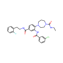 CCNC(=O)N1CCCN(c2ccc(C(=O)NCCc3ccccc3F)cc2NC(=O)c2cccc(Cl)c2)CC1 ZINC000028563310