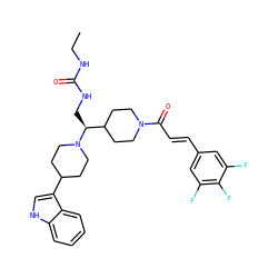 CCNC(=O)NC[C@@H](C1CCN(C(=O)/C=C/c2cc(F)c(F)c(F)c2)CC1)N1CCC(c2c[nH]c3ccccc23)CC1 ZINC000029046038