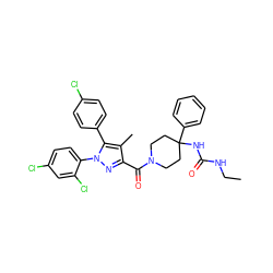 CCNC(=O)NC1(c2ccccc2)CCN(C(=O)c2nn(-c3ccc(Cl)cc3Cl)c(-c3ccc(Cl)cc3)c2C)CC1 ZINC000084652897