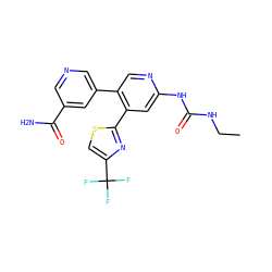 CCNC(=O)Nc1cc(-c2nc(C(F)(F)F)cs2)c(-c2cncc(C(N)=O)c2)cn1 ZINC000116378993