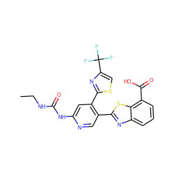 CCNC(=O)Nc1cc(-c2nc(C(F)(F)F)cs2)c(-c2nc3cccc(C(=O)O)c3s2)cn1 ZINC000169313079