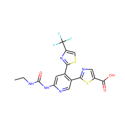 CCNC(=O)Nc1cc(-c2nc(C(F)(F)F)cs2)c(-c2ncc(C(=O)O)s2)cn1 ZINC000116504255