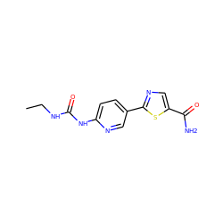 CCNC(=O)Nc1ccc(-c2ncc(C(N)=O)s2)cn1 ZINC000116503908