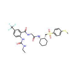 CCNC(=O)Nc1ccc(C(F)(F)F)cc1C(=O)NCC(=O)N[C@H]1CCCC[C@H]1CS(=O)(=O)c1ccc(SC)cc1 ZINC000042804240