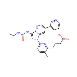 CCNC(=O)Nc1cn(-c2ncc(C)c(CCCC(=O)O)n2)c2cc(-c3cccnc3)cnc12 ZINC000653760621