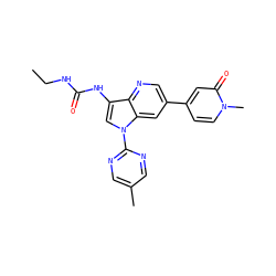 CCNC(=O)Nc1cn(-c2ncc(C)cn2)c2cc(-c3ccn(C)c(=O)c3)cnc12 ZINC000653754015