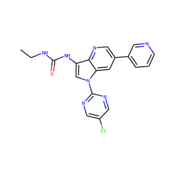 CCNC(=O)Nc1cn(-c2ncc(Cl)cn2)c2cc(-c3cccnc3)cnc12 ZINC000653764478