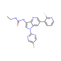 CCNC(=O)Nc1cn(-c2ncc(Cl)cn2)c2cc(-c3cccnc3F)cnc12 ZINC000653762895