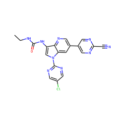 CCNC(=O)Nc1cn(-c2ncc(Cl)cn2)c2cc(-c3cnc(C#N)nc3)cnc12 ZINC000653762996