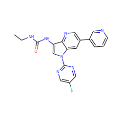 CCNC(=O)Nc1cn(-c2ncc(F)cn2)c2cc(-c3cccnc3)cnc12 ZINC000653764450