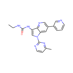 CCNC(=O)Nc1cn(-c2nccc(C)n2)c2cc(-c3cccnc3)cnc12 ZINC000653760735