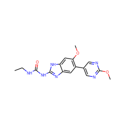 CCNC(=O)Nc1nc2cc(-c3cnc(OC)nc3)c(OC)cc2[nH]1 ZINC000000003508