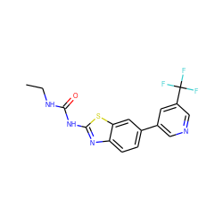 CCNC(=O)Nc1nc2ccc(-c3cncc(C(F)(F)F)c3)cc2s1 ZINC000095565903