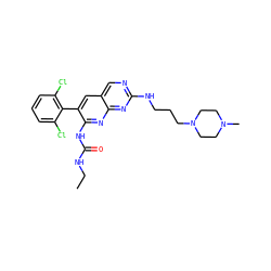 CCNC(=O)Nc1nc2nc(NCCCN3CCN(C)CC3)ncc2cc1-c1c(Cl)cccc1Cl ZINC000022941830