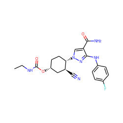 CCNC(=O)O[C@@H]1CC[C@H](n2cc(C(N)=O)c(Nc3ccc(F)cc3)n2)[C@@H](C#N)C1 ZINC000221835552