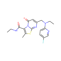 CCNC(=O)c1c(C)sc2nc(CN(CC)c3ccc(F)cn3)cc(=O)n12 ZINC000653854043