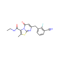 CCNC(=O)c1c(C)sc2nc(Cc3cccc(C#N)c3F)cc(=O)n12 ZINC000653856878