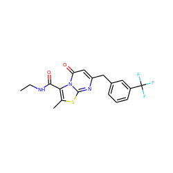 CCNC(=O)c1c(C)sc2nc(Cc3cccc(C(F)(F)F)c3)cc(=O)n12 ZINC000653853933