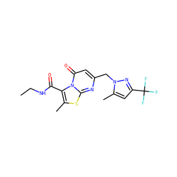 CCNC(=O)c1c(C)sc2nc(Cn3nc(C(F)(F)F)cc3C)cc(=O)n12 ZINC000653850700