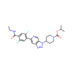 CCNC(=O)c1cc(F)c(-c2cc3nnn(C4CCN(C(=O)OC(C)C)CC4)c3cn2)cc1F ZINC000204214885