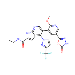 CCNC(=O)c1cc2c(-n3ccc(C(F)(F)F)n3)c(-c3cc(-c4n[nH]c(=O)o4)cnc3OC)cnc2[nH]1 ZINC000084687922