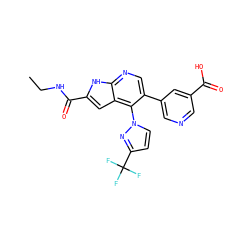 CCNC(=O)c1cc2c(-n3ccc(C(F)(F)F)n3)c(-c3cncc(C(=O)O)c3)cnc2[nH]1 ZINC000084672473