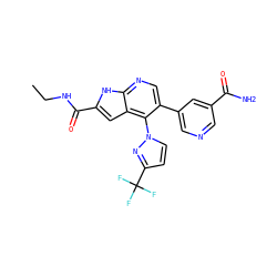 CCNC(=O)c1cc2c(-n3ccc(C(F)(F)F)n3)c(-c3cncc(C(N)=O)c3)cnc2[nH]1 ZINC000084690409