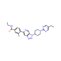 CCNC(=O)c1ccc(-c2cc3nnn(C4CCN(c5ncc(CC)cn5)CC4)c3cn2)c(C)c1 ZINC001772576505