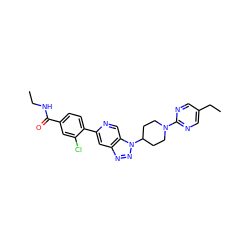 CCNC(=O)c1ccc(-c2cc3nnn(C4CCN(c5ncc(CC)cn5)CC4)c3cn2)c(Cl)c1 ZINC001772622574