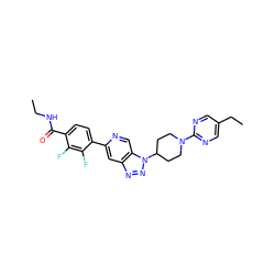 CCNC(=O)c1ccc(-c2cc3nnn(C4CCN(c5ncc(CC)cn5)CC4)c3cn2)c(F)c1F ZINC001772657662