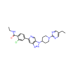 CCNC(=O)c1ccc(-c2cc3nnn(C4CCN(c5ncc(CC)cn5)CC4)c3cn2)cc1Cl ZINC001772627430