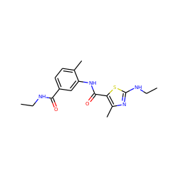 CCNC(=O)c1ccc(C)c(NC(=O)c2sc(NCC)nc2C)c1 ZINC000003986128