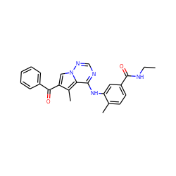 CCNC(=O)c1ccc(C)c(Nc2ncnn3cc(C(=O)c4ccccc4)c(C)c23)c1 ZINC000072175865