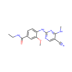 CCNC(=O)c1ccc(Nc2ncc(C#N)c(NC)n2)c(OC)c1 ZINC000169705121