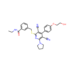 CCNC(=O)c1cccc(CSc2nc(N3CCCC3)c(C#N)c(-c3ccc(OCCO)cc3)c2C#N)c1 ZINC000113382729