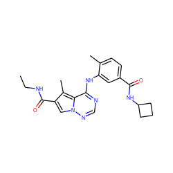 CCNC(=O)c1cn2ncnc(Nc3cc(C(=O)NC4CCC4)ccc3C)c2c1C ZINC000064459341