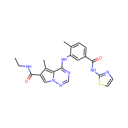 CCNC(=O)c1cn2ncnc(Nc3cc(C(=O)Nc4nccs4)ccc3C)c2c1C ZINC000064415812