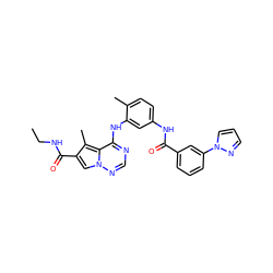 CCNC(=O)c1cn2ncnc(Nc3cc(NC(=O)c4cccc(-n5cccn5)c4)ccc3C)c2c1C ZINC000029049270